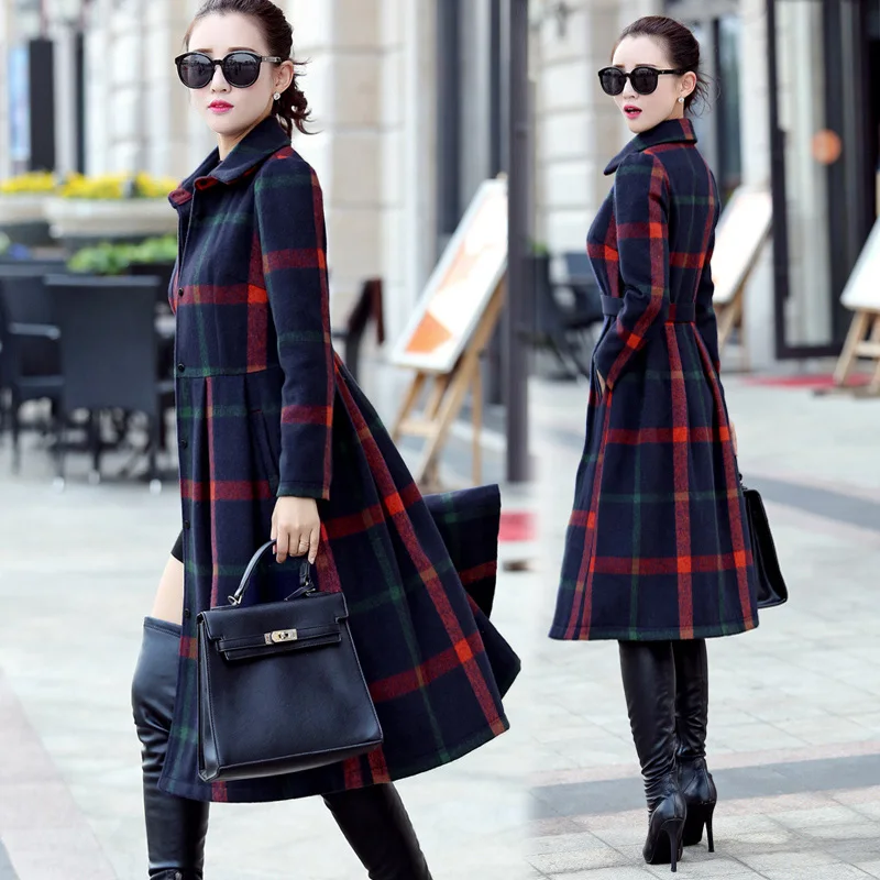 Модный Классический OL Стиль Осень Зима плед с поясом Тренч однобортный длинный рукав пальто для женщин 3XL размера плюс XH942