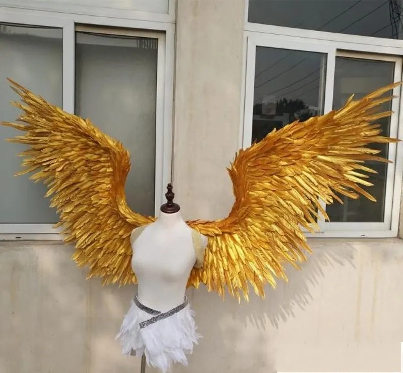 

NEW!Costumed beautiful Gold angel feather wings 185cm fairy wings for Dance Photography Display Party wedding decorations