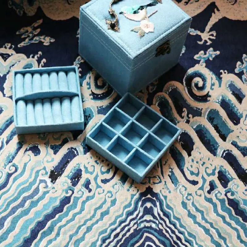 Винтажная бархатная коробка для ювелирных изделий в китайском стиле с вышитыми цветами, металлическая ручка, упаковка, модная серьга, коробка для хранения ожерелья - Цвет: Light Blue no Lock