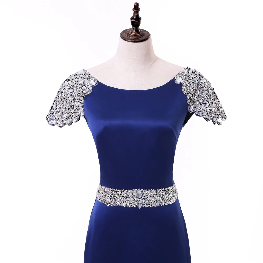 Royal Blue Mermaid Cap Sleeves Crystals Backless Long Evening Dress in Evening Dresses