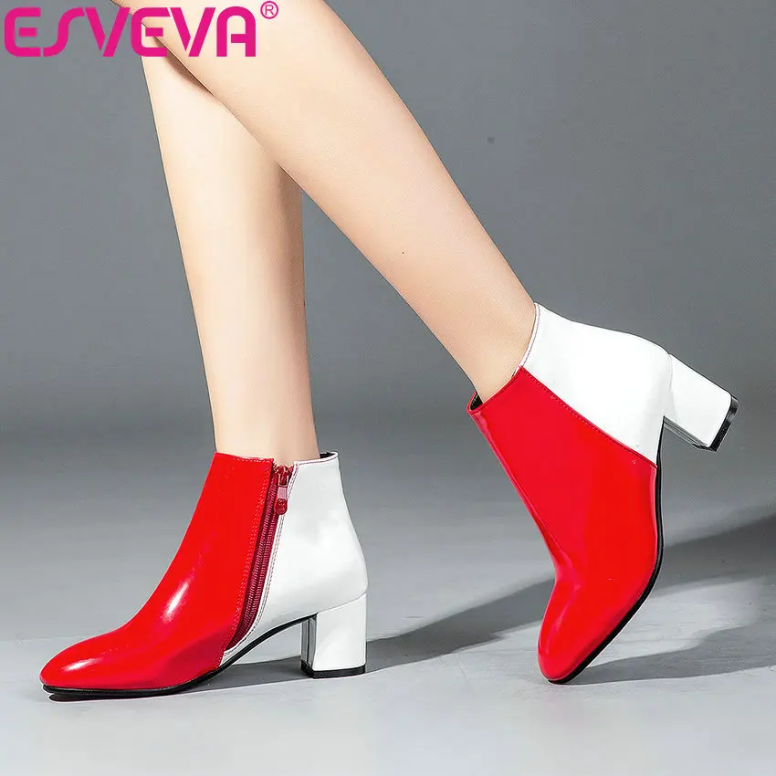 

ESVEVA 2020 Woman Boots Western Style Square High Heels Autumn Shoes Patchwork Round Toe Boots Women Ankle Boots Shoes 34-43