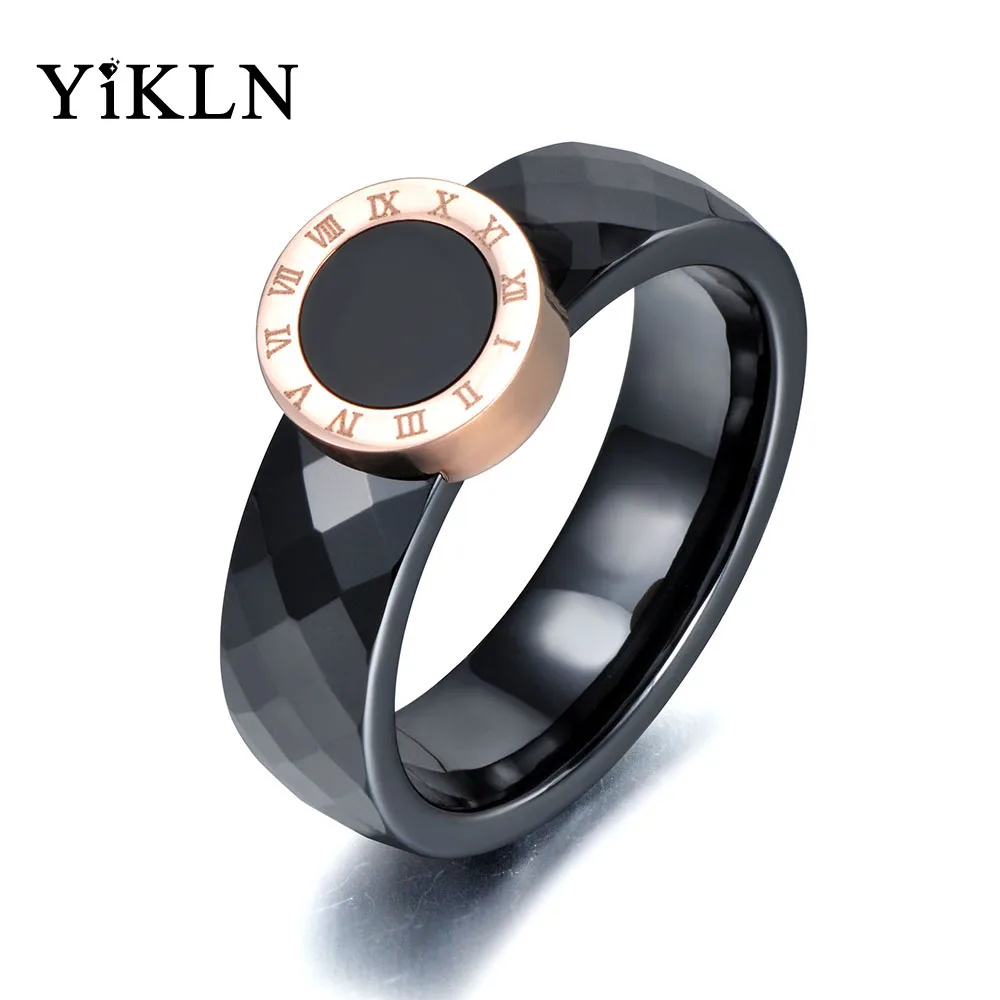 

YiKLN Classic Roman Numeral Engagement Ring For Women Rose Gold Black/White Ceramic Titanium Steel Wedding Rings Anneaux YR17159