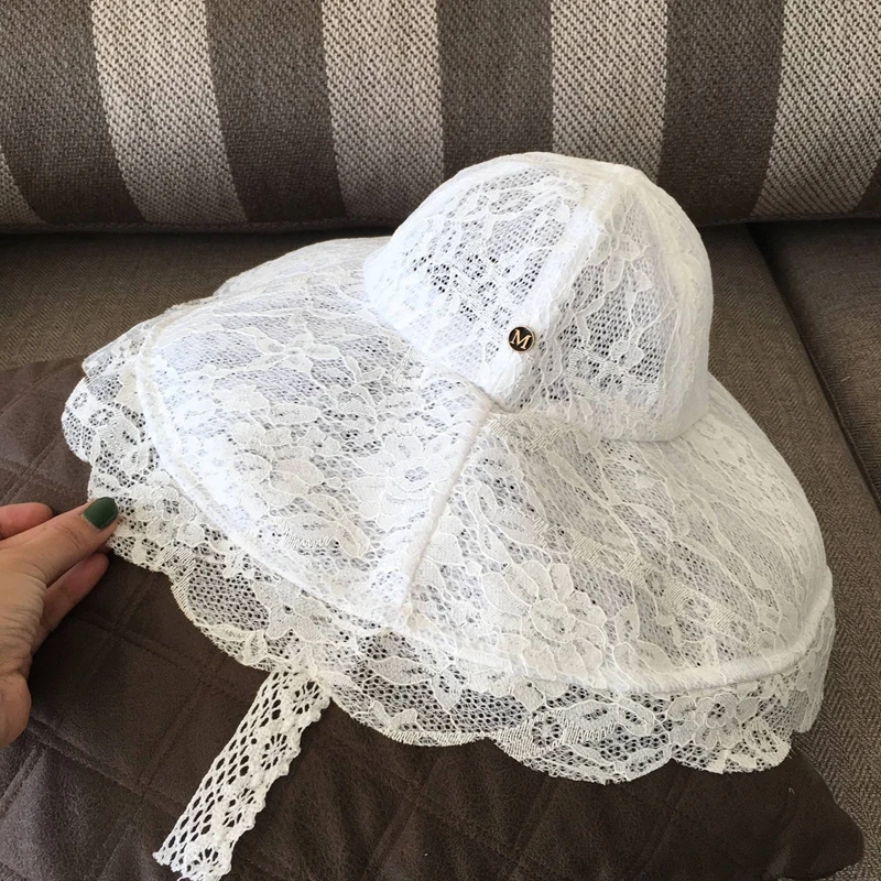 

French elegant black and white fisherman hat basin hat romantic lace sun hat Korean version big eaves folding hat spring and sum