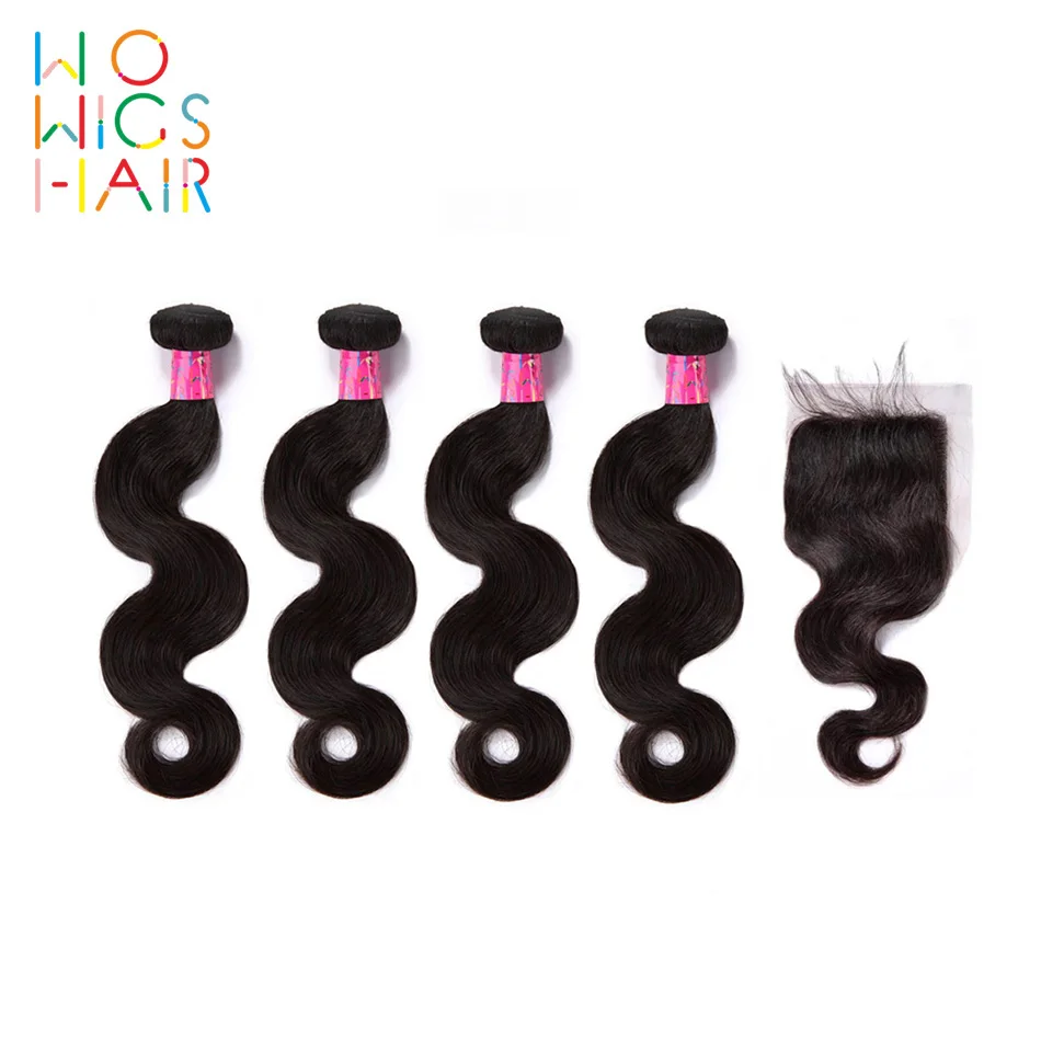 

WoWigs Hair Indian Hair Remy Hair Body Wave 4 / 3 Bundles Deal With Top Lace Closure Natural Color 1B