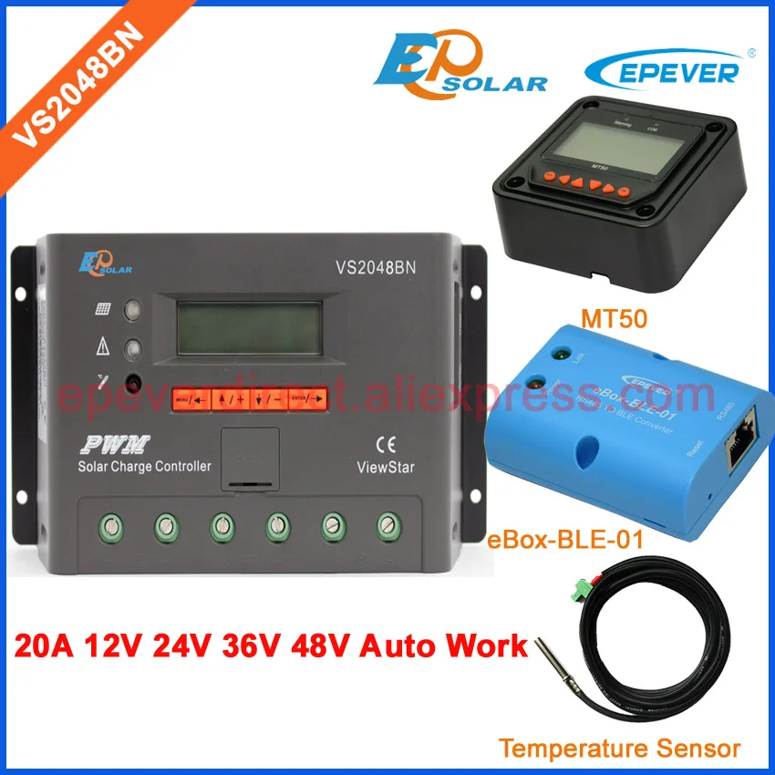 

20A Charger solar battery controller VS2048BN PWM LCD display MT50 Meter BLE BOX and Temp sensor EPEVER/EPSolar 48V system work
