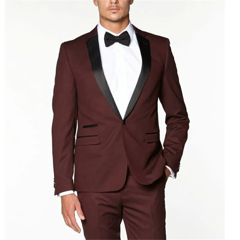 New Burgundy Men Suits Two Piece Black Notched Lapel One Button Blazer Suit Skinny Groom Mens Suit Tuxedos (Jackets+Pants)