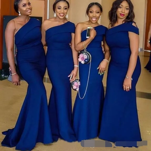 

Blue One Shoulder Mermaid Bridesmaid Dresses Sweep Train Simple African Garden Country Wedding Guest Maid Of Honor Dress Plus