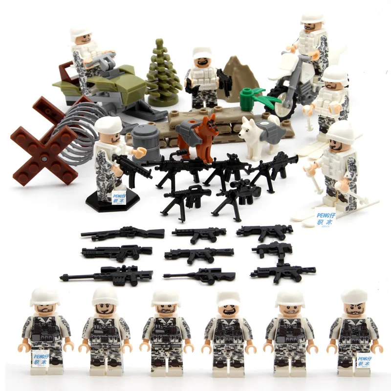 

WW2 brickmania figures russia Snowfield Surprise troops block world war Soviet Union army forces dog minifigs weapon bricks toys