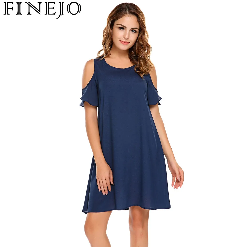 

FINEJO Women Casual Summer Dress Vestidos Hollow Out Off Shoulder Dresses Back Button Free Ruffles Short Dress Fashion Girls