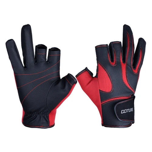 Goture 1 пара 3 рыболовные перчатки с полупальцами водонепроницаемые противоскользящие перчатки из неопрена и полиуретана для рыболовного оборудования Pesca - Цвет: Красный