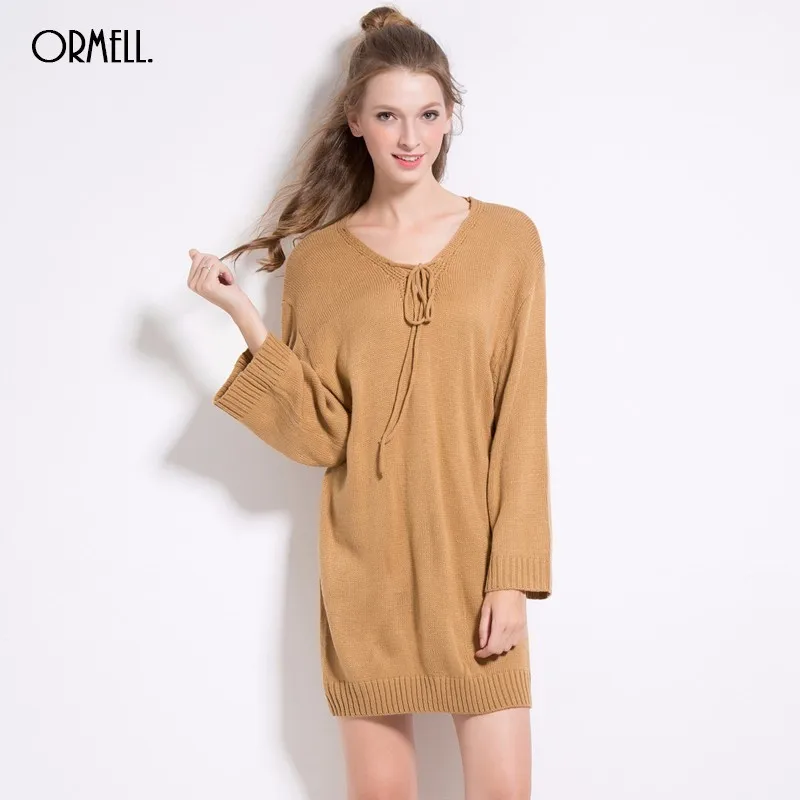 ORMELL Lace Up Long Knitted Sweater Dress Women Cotton Slim Casual Dress Pullover Female Autumn Winter