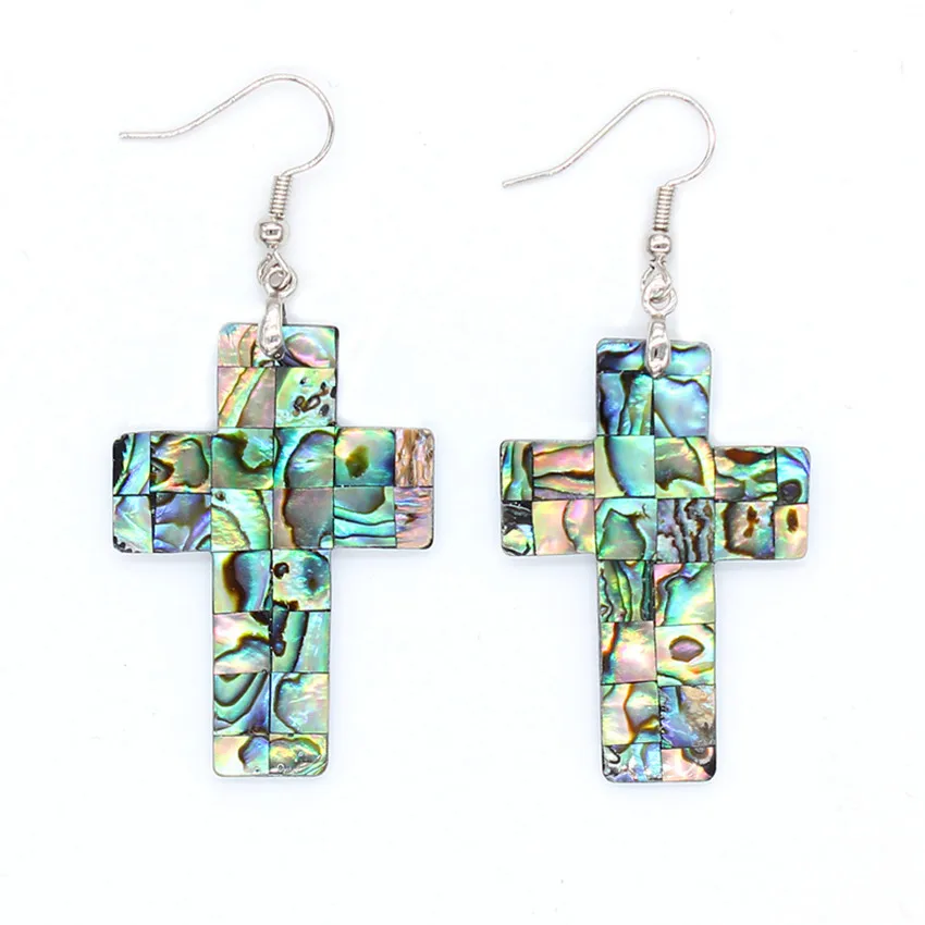 

Trendy-beads Unique Design Silver Plated Abalone Shell Cross Shape Earrings Religious Jewelry