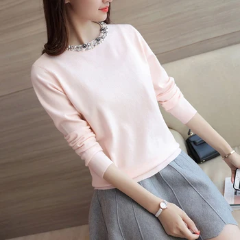 

wearing ladies sweater coat low collar Beaded long sleeved Pullover Sweater female mercerized cotton bottoming shirt sweaterAS07