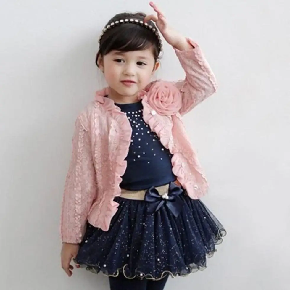 3PCS Child Spring Sets Pink Coat Dress Baby Girls Long Sleeve Coat+T