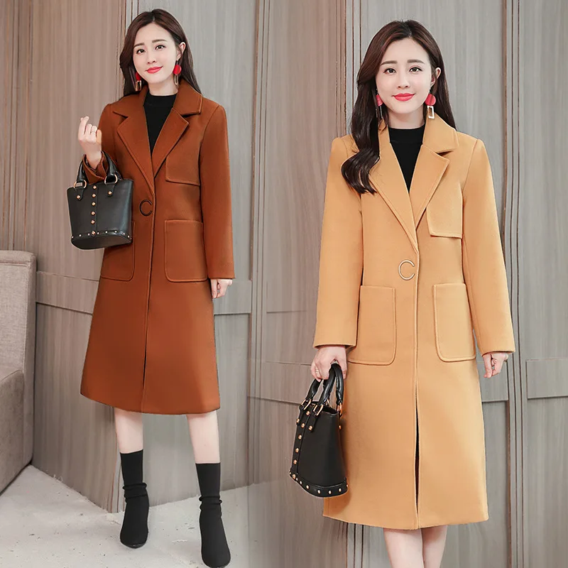 Long Femmes Laine Mélange Caramel down Cachemire camel Dames Poches Slim Seul Colour Col Bouton Office Lady Turn Manteaux Veste Manteau 7Ybgyf6