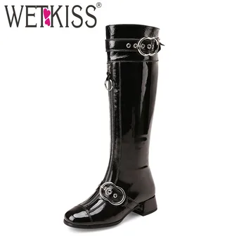 

WETKISS Knee High Boots Women Metal Decoration Boots Shoes Short Plush Autumn Fashion Ladies Shoes Winter Square Toe Footwear