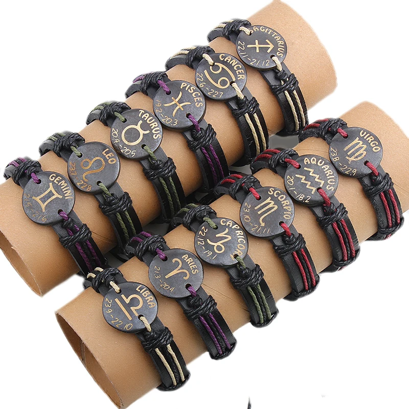 Wholesale Fashion 12 Zodiac Signs Leather Bracelet Men Women