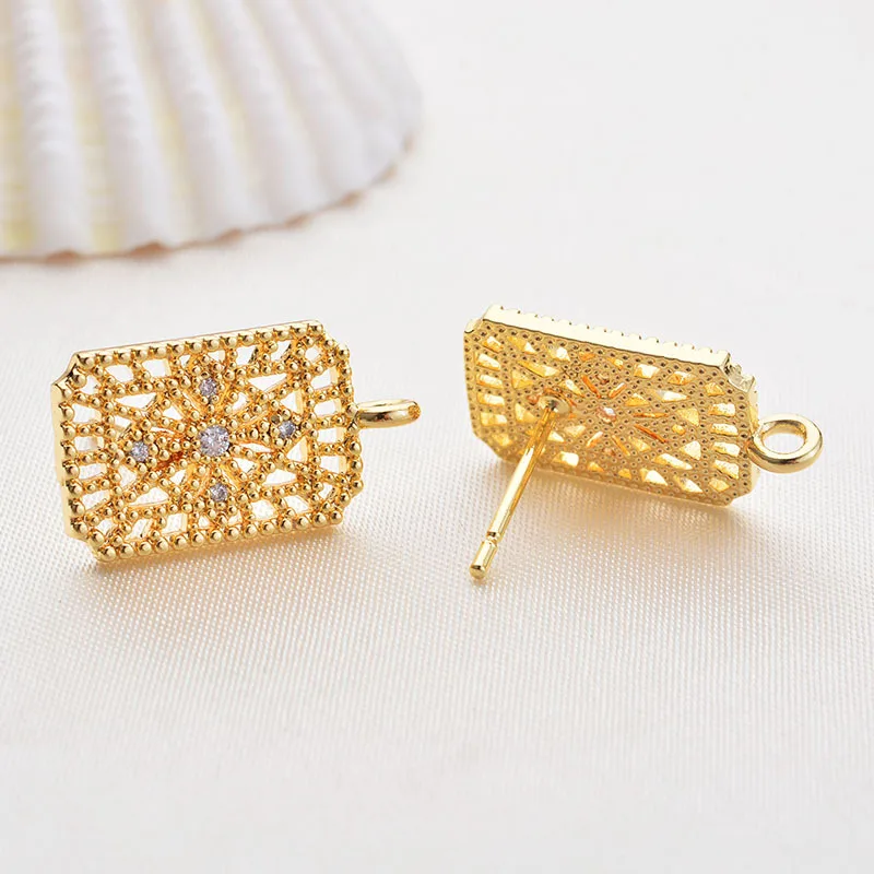 

(197) 4PCS 10x15MM 24K Gold Color Brass with Zircon Hollow Rectangle Stud Earrings High Quality Diy Jewelry Findings Accessories