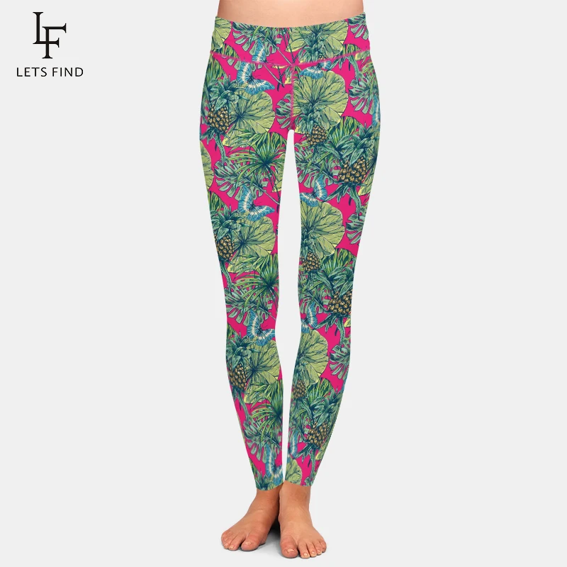 

LETSFIND Fashion Workout Leggings High Elastic Milk Silk Pineapple Printed Casual Soft Leggings High Waist Plus Size Pants
