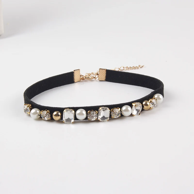 

Punk New Fashion Choker Necklaces Black Velvet Rhinestone Imitation Pearl Chokers Necklaces For Women Gift 6L1005