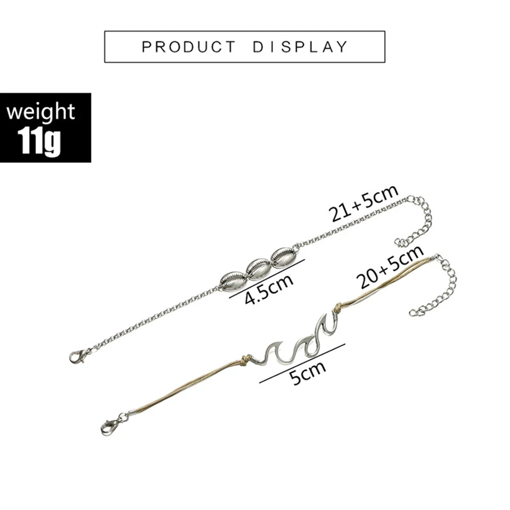 Суки ли(SUKI 2 шт./компл. Бохо пляжное волна оболочки браслет серебряный браслет для Для женщин очаровательные ботильоны браслет цепи Сандалеты с перепонкой на лодыжке для женщин; Enkelbandje