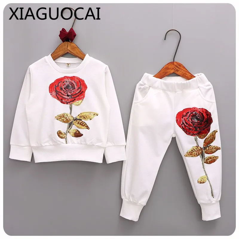 

2019 New Kids Sets Long Sleeve T-Shirt+trousers 2Pcs Boys Girls Clothes Rose pattern Pullovers Sportwear Jogging Suits Clothing