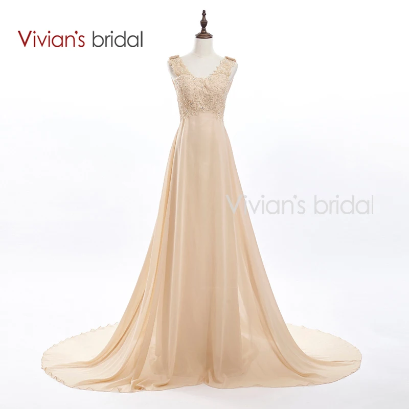 

Vivian's Bridal Champagne Chiffon Wedding Dress 2016 Cap Sleeve A Line Lace Wedding Gown High Quality VB10148