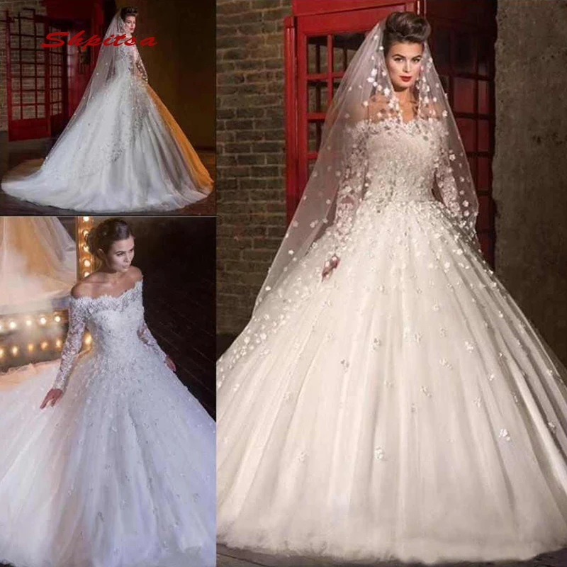 

Long Sleeve Lace Wedding Dresses Ball Gown Off Shoulder Turkey Plus Size Bride Bridal Weding Weeding Dresses Wedding Gowns 2019