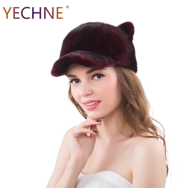 Real Mink Fur Hat Women's Winter Hats With Cat Ears And Tail Mink Fur