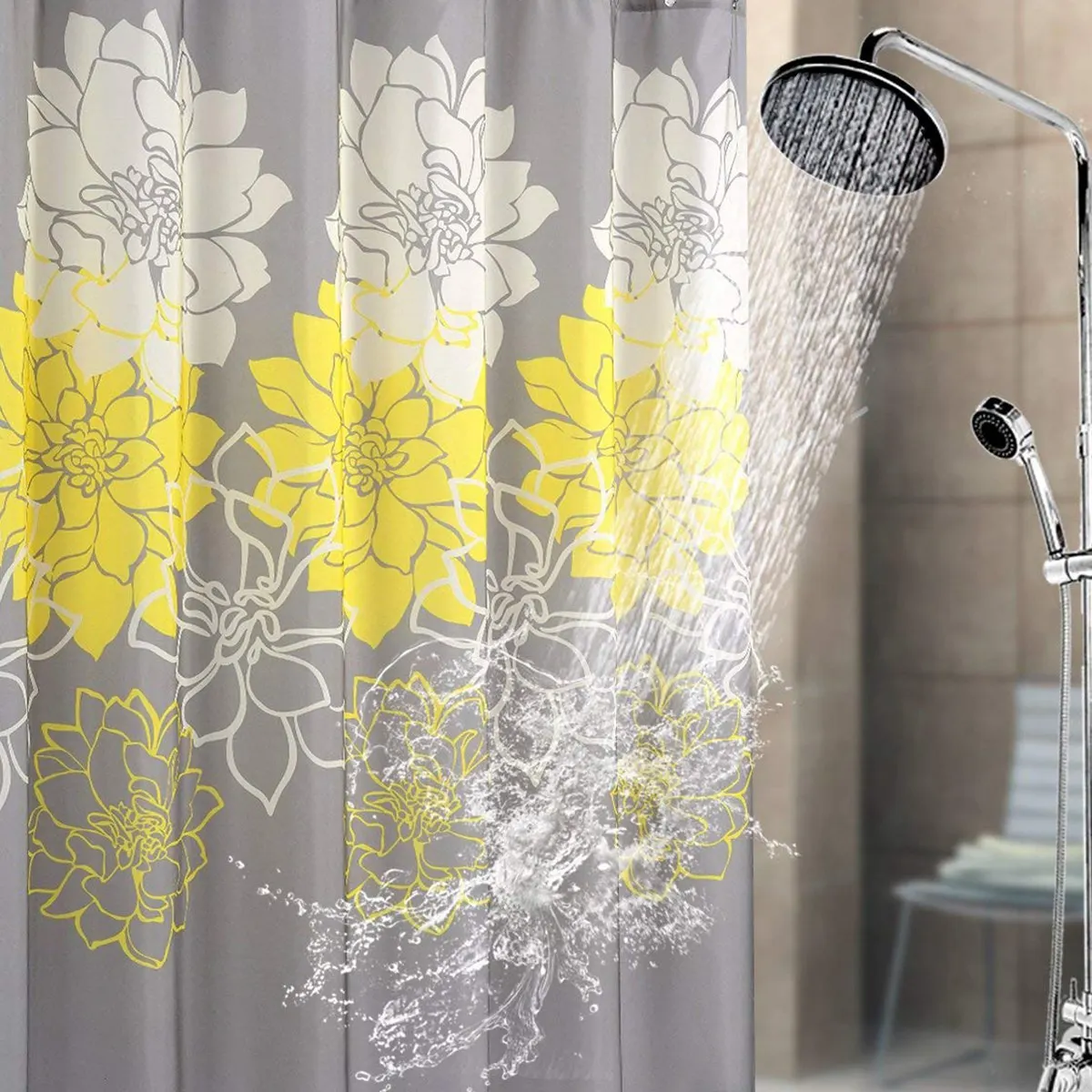 Тканевая занавеска для душа с цветком пиона, устойчивая к плесени, водонепроницаемая стандартная занавеска для ванной комнаты, желтая и серая