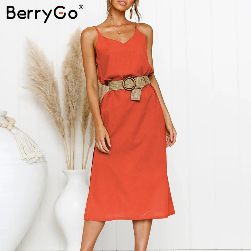 BerryGo женское платье миди богемные платья платье на тонких бретелях размера плюс Летний сарафан с v-образным вырезом элегантное платье для женщин vestidos