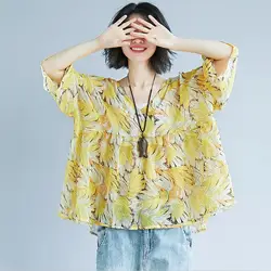 2019 женская шифоновая блузка и рубашки, модная повседневная Желтая Женская одежда с коротким рукавом, v-образный вырез, рукав «летучая мышь»