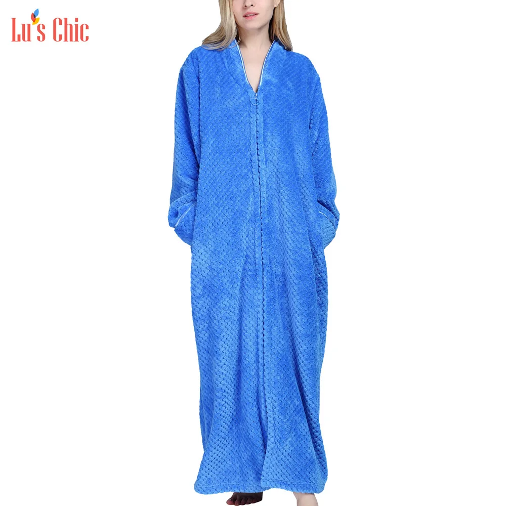 Lu's шикарные женские флисовые халаты с длинным рукавом на молнии мягкий длинный ночной халат-Пижама домашняя куртка