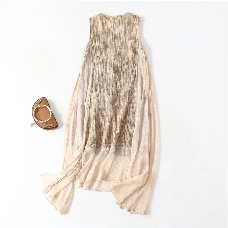 

High-end Silk Dress Women Fabric 100% Silk Patchwork 100% Ramie Appliques Solid O Collar 2 Colors New Fashion 2018