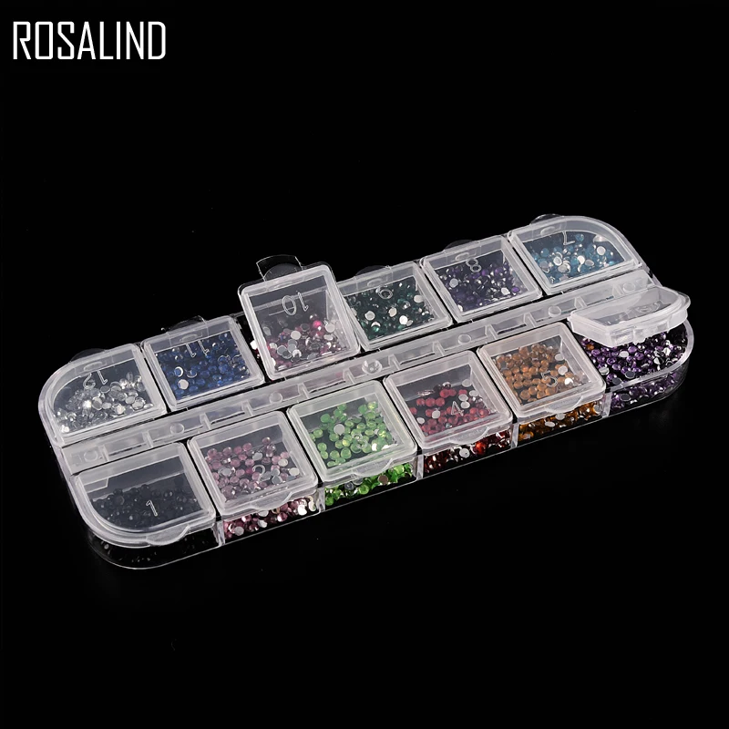 ROSALIND, 1,5 мм, 12 цветов, круглый набор для украшения ногтей, стразы, блестящие украшения для ногтей