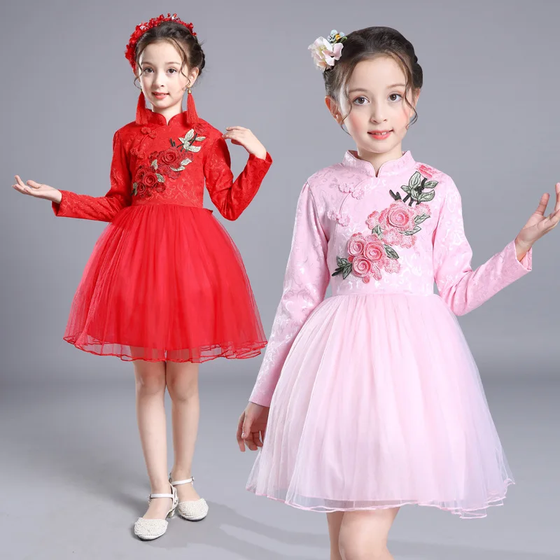 

Girls Dress For Children Spring Fashion Clothing Chinese Style Princess Dress Embroidered Flower Dress In Party Garment Clothes