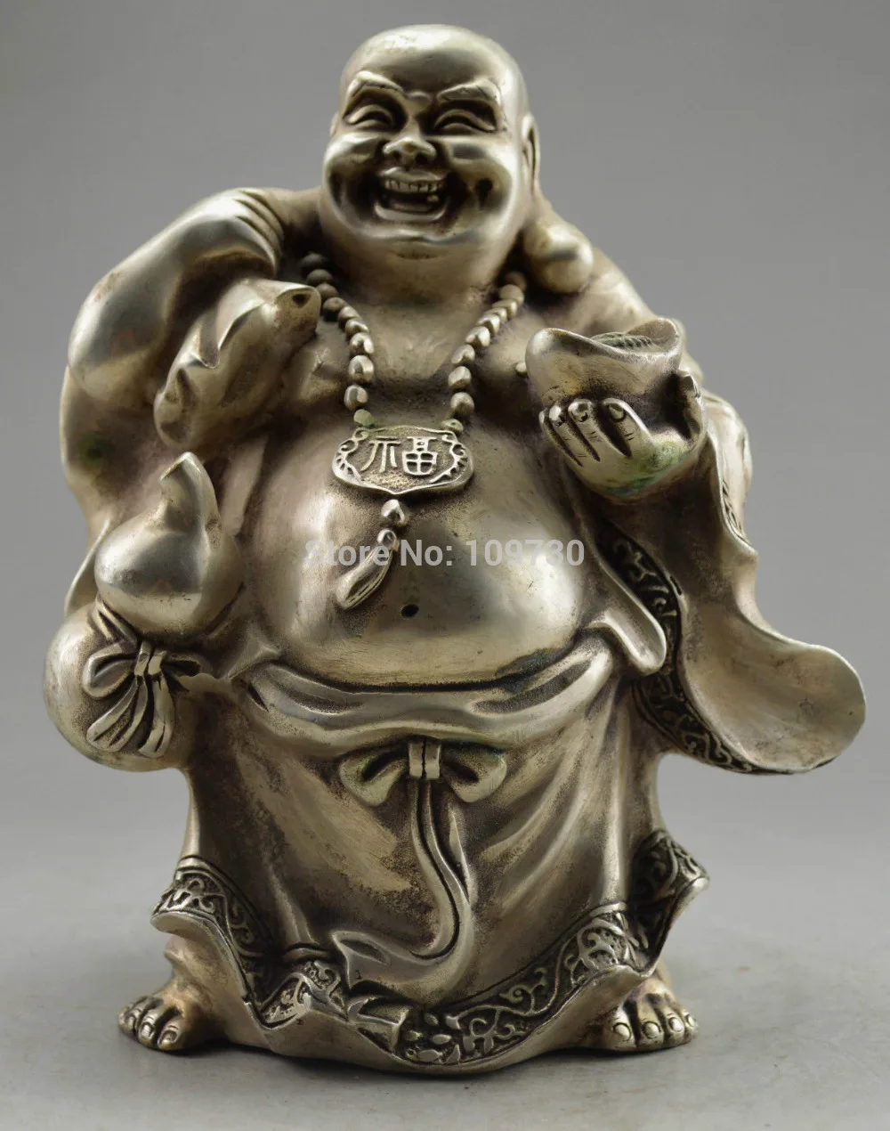 

001950 Collectible Decorated Old Tibet Silver Buddha Carry Gold Bag Bring Money Statue