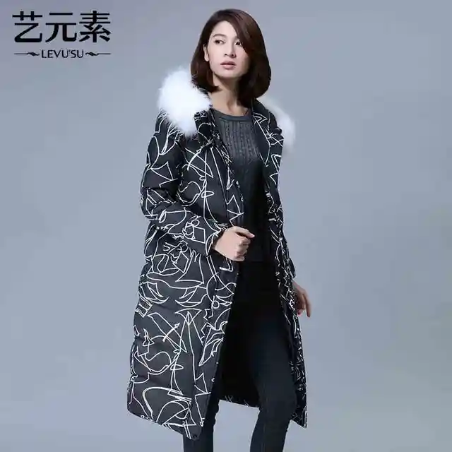 Cheap 2015 New Hot Winter Cold Warm Woman Down jacket Coat Parkas Outerwear Hooded Raccoon Fur collar Loose Long Plus Size XL Print