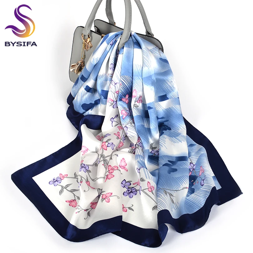 

[BYSIFA] New Brand 100% Silk Scarf For Ladies Chinese Style Floral Blue Silk Scarf Shawl Fashion Elegant Winter Scarves 88*88cm