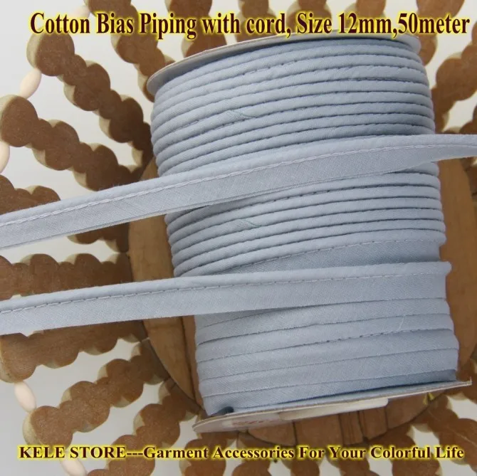 

Free shipping-Cotton Bias Piping, Piping tape,bias Tape with cord,size:12mm, 50m,for DIY sewing textile bed linings garment,grey