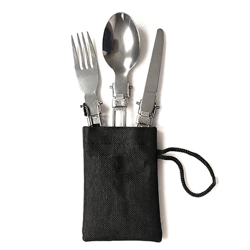 3 piezas plegables de acero inoxidable portátil vajilla cuchara tenedor Kit con bolsa de almacenamiento para Camping al aire libre Picnic barbacoa BB55