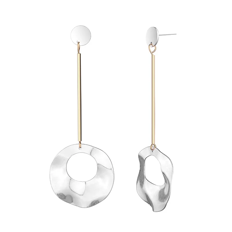 

ZWPON 2018 New Hammered Cutout Round Gold Tube Long Earrings Women Silver Geometric Statement Rhombus Earrings Large Wholesale