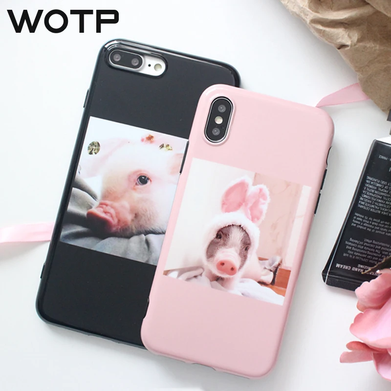 

WOTP Smooth Couples Cartoon Pig Phone Case For iphone 7 Plus Case For iPhone X 6 6S 7 8 Cute Rabbit Ear Soft Back Cover Fundas