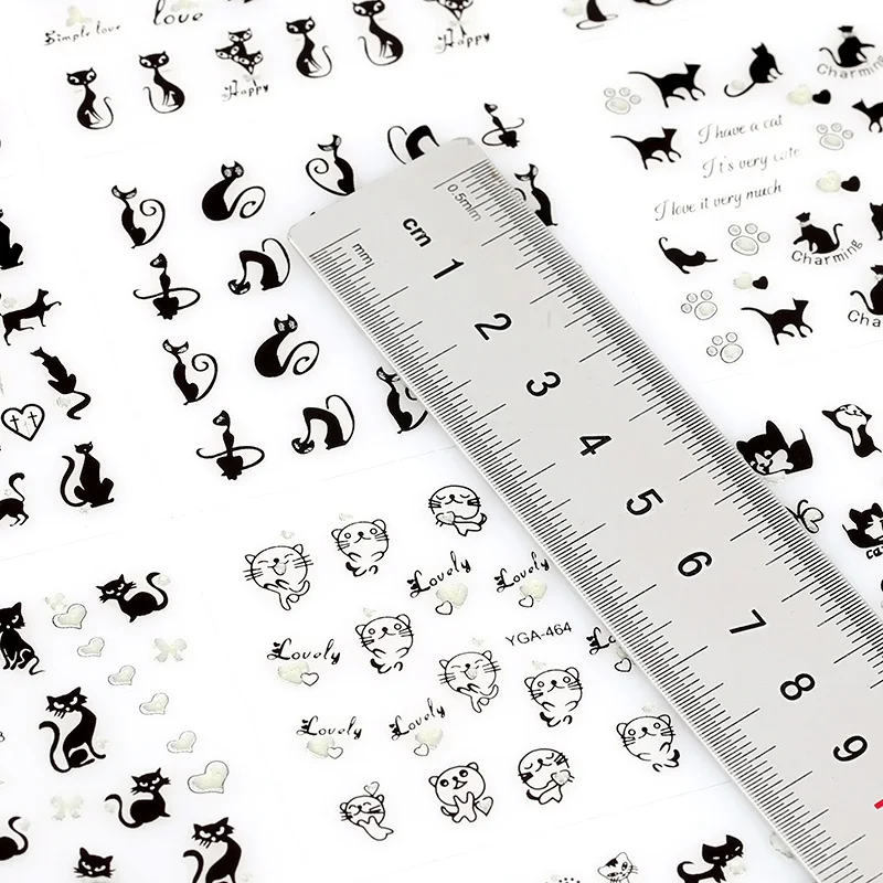 12 шт./лот, 3D наклейки для украшения ногтей с милым мультяшным котом, пластиковые наклейки для маникюра, стразы JH240