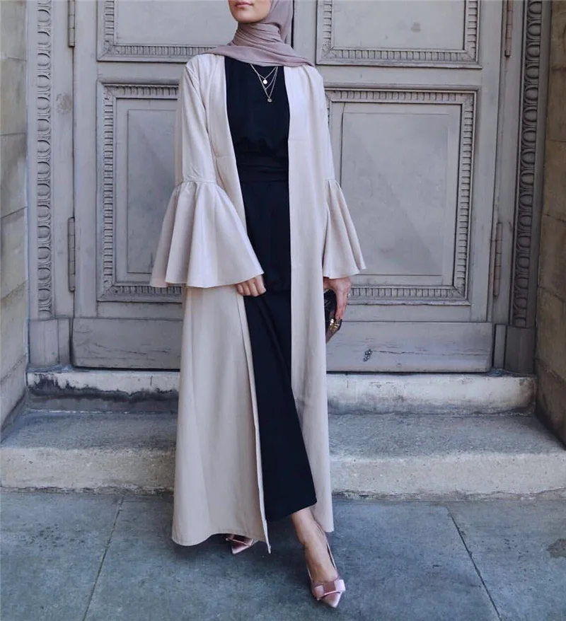 Дубай открытым Абаи кафтан турецкий мусульманский Для женщин Сплошной Цвет платье Костюмы Исламская женский большой труба рукав платья