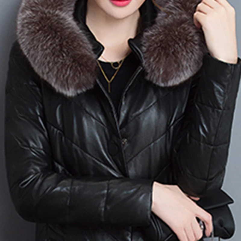 2017 Fashion Thick Warm Leather Jacket Women Long Slim PU Leather Coat Ms Outerwear Parkas Luxurious Ms Coat Plus Size 5XL f211