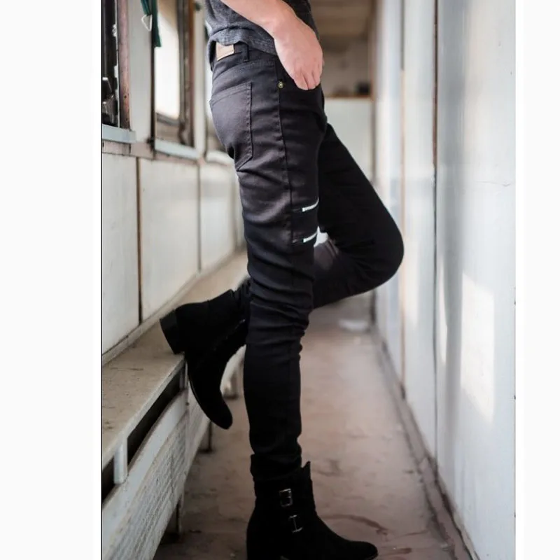 Лидер продаж года; модные обтягивающие черные дизайнерские тонкие повседневные джинсы в стиле хип-хоп с двойной молнией узкие брюки для мальчиков 28-34