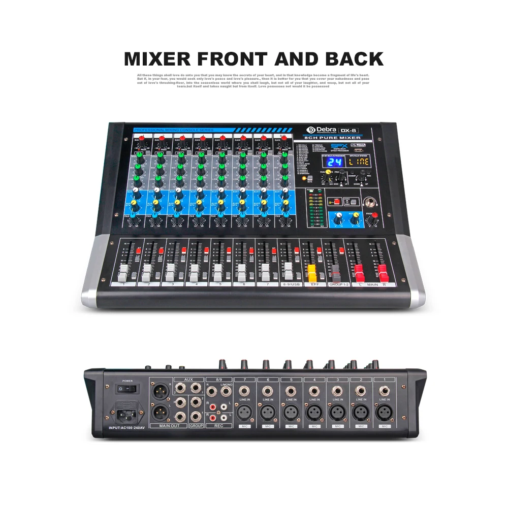 Debra Audio MD-8 8-Channel Audio Mixer dj controller Sound Board with 24 DSP Effect USB Bluetooth XLR Jack Aux Input