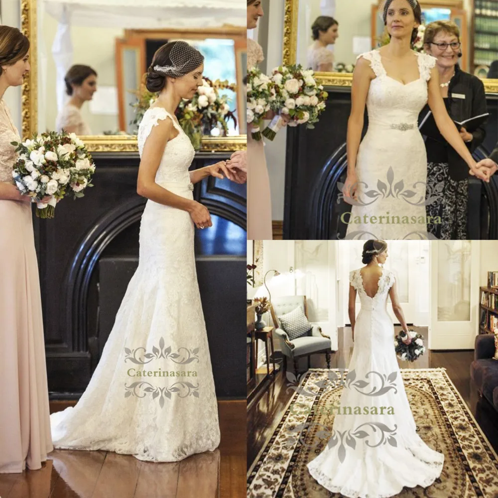 Mermaid/Trompet Vierkante Hals Lace Wedding Dresses Hof Trein Bruid Jurken met Knoppen Fit en Flare Rok Mermaid/Trompet Vierkante Hals Lace Wedding Dresses Hof Trein Bruid Jurken met Knoppen Fit en Flare Rok