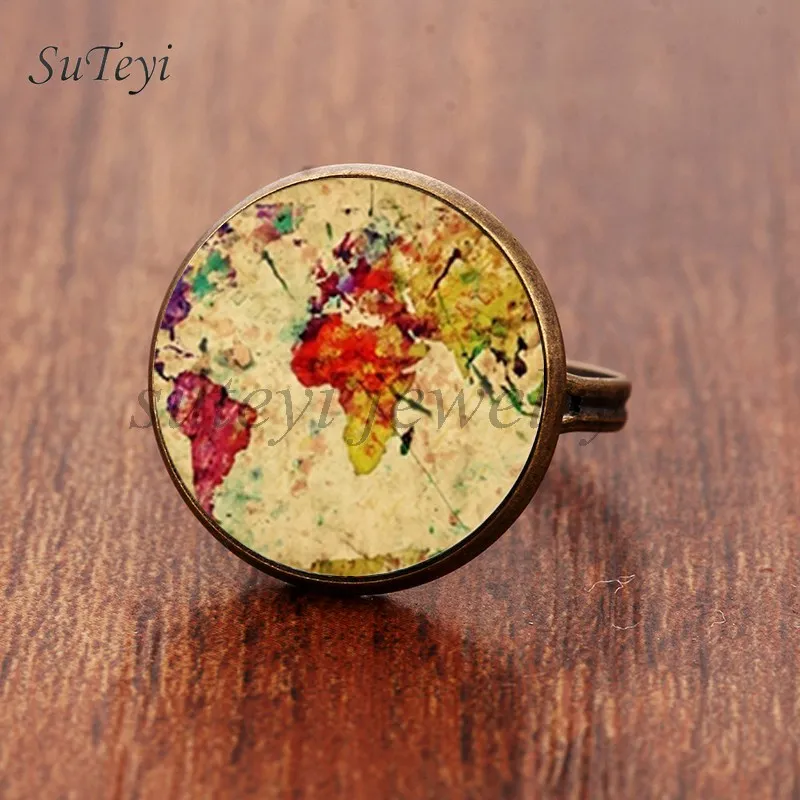 

SUTEYI 2017 New Style Map Adjustable Rings World Map Ring Rainbow Multicoloured Map Jewelry Round Glass Ring For Women